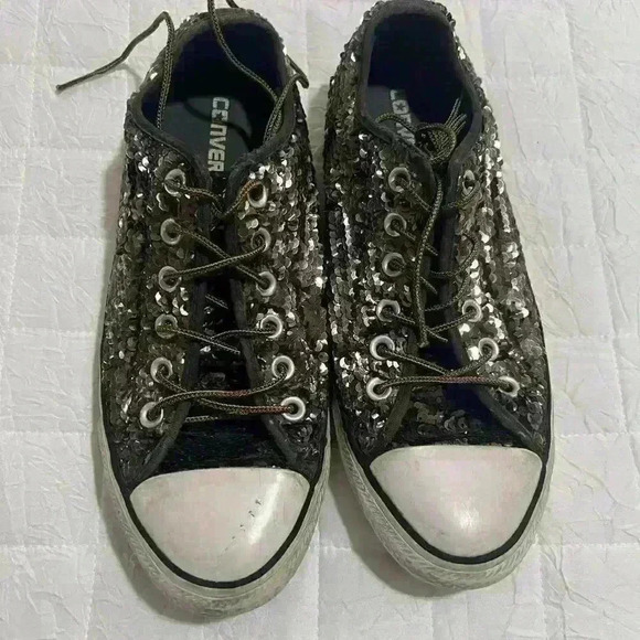 Converse Brown Shiny Sequins Lace Up Canvas Sneaker 9 - Picture 2 of 6